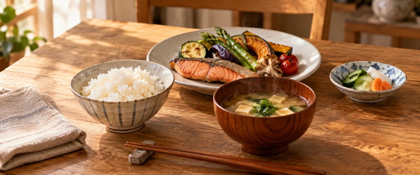 木の食卓にごはん・味噌汁・焼野菜の家庭の夕食、手前に畳んだ麻布、暖かい自然光の実写(編集用イメージ)